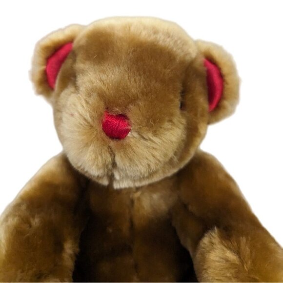 Bear plush stuffed animal red satin ears nose and paws brown Holiday - Picture 2 of 10